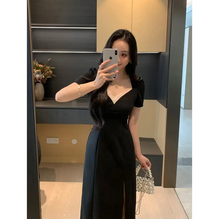 XINYI【夏夜缪斯】夏季蕾丝拼接乱麻连衣裙收腰显瘦裙X625Q11489