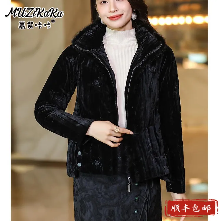 高端奢华丝绒羽绒服女冬季2025新款洋气时尚加厚短款面包服