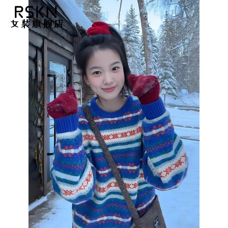 RSKN复古费尔岛蓝色毛衣女秋冬软糯品质感提花套头慵懒风针织上衣