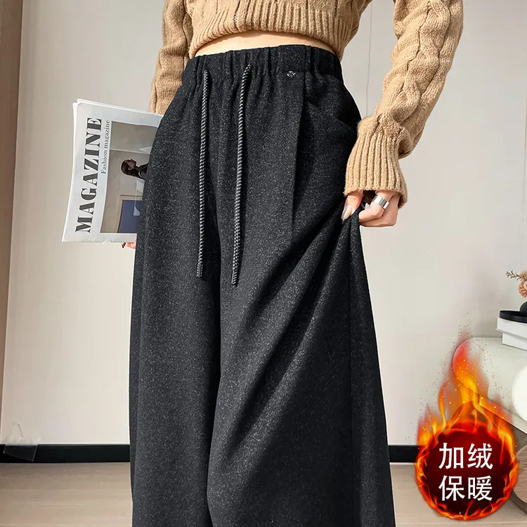加绒加厚毛呢阔腿裤女秋冬季松紧高腰显瘦宽松直筒垂感拖地弯刀裤