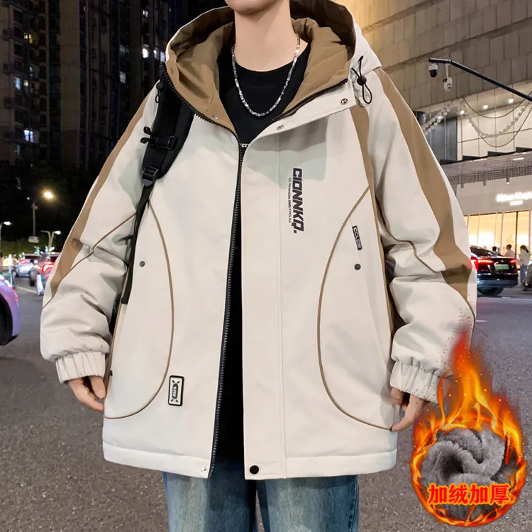 青少年加绒加厚男生冬季连帽夹克学院风潮流百搭宽松保暖防寒外套