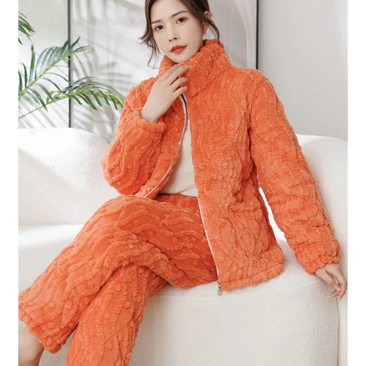 冬季女神保暖睡衣套装三层夹棉保暖加绒棉衣法兰绒加厚款女家居服