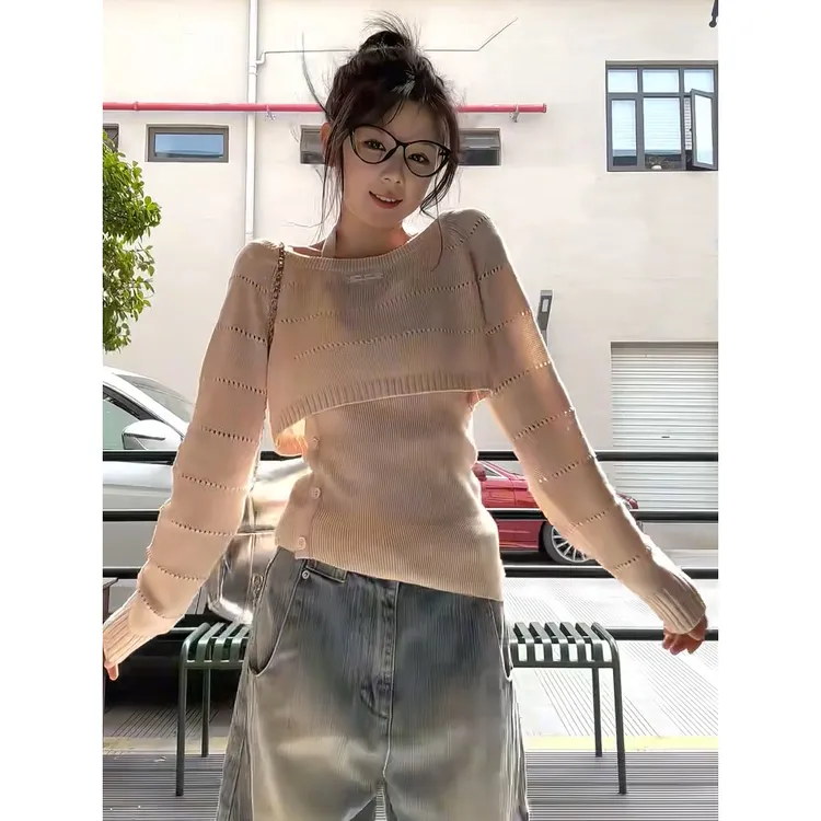 夏穿搭韩系挂脖针织衫女秋冬季气质内搭打底上衣两件套
