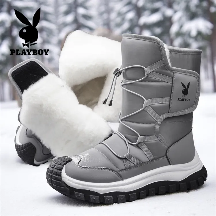 PLAYBOY/花花公子加厚三防保暖高帮一脚蹬冬季加绒棉鞋男雪地靴