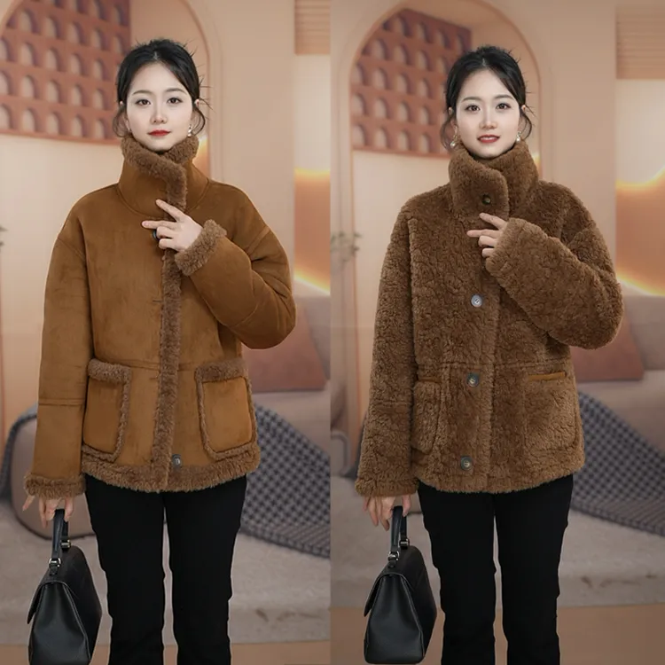 【双面双穿】海宁颗粒绒毛一体套女短款保暖时尚加厚冬季