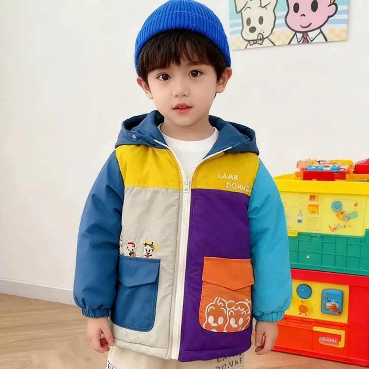 儿童冬季加绒厚款棉服宝宝休闲风动物休闲拼色棉服夹克秋冬撞色