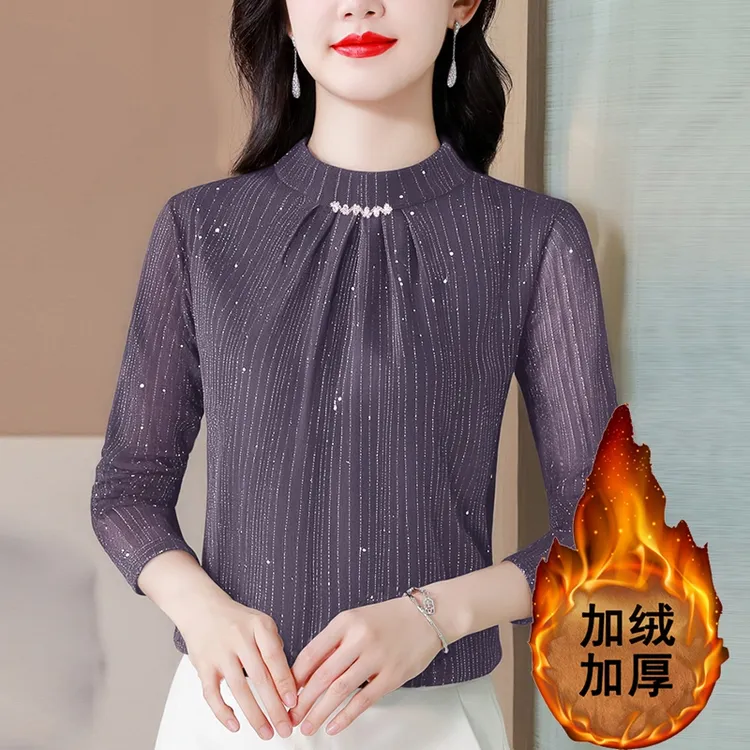 半高领亮丝加绒内搭打底衫女2025秋冬季新款上衣气质T恤小衫L2206