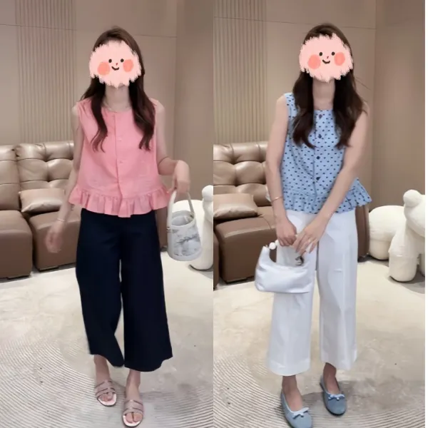 夏季新款撞色单排扣宽松显瘦无袖上衣直筒窄版百搭显瘦九分裤套装
