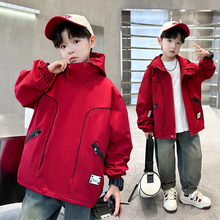 男童春秋季外套风衣红色中大童洋气韩版炸街网红儿童上衣男孩潮流