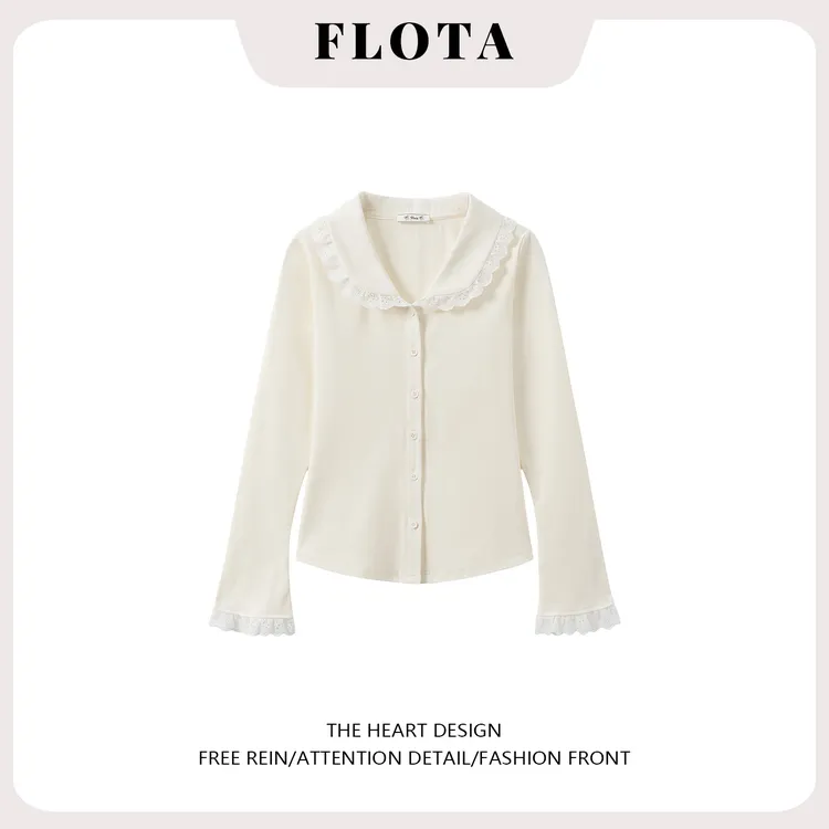 蕾丝花边拼接娃娃领长袖开衫女秋冬新款正肩修身外套短款甜美上衣