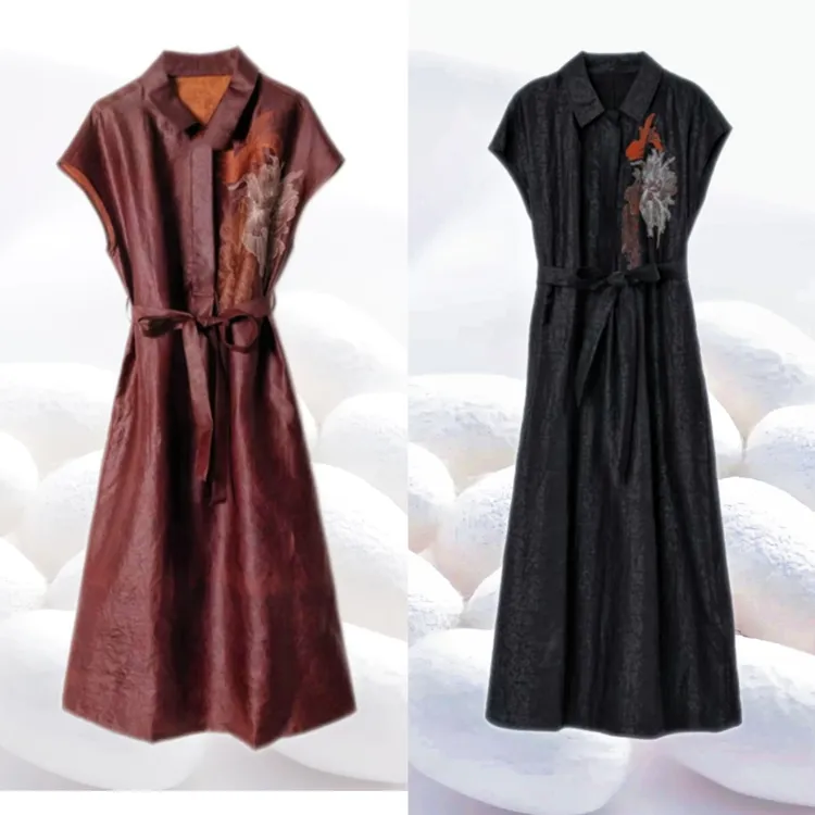 【金鱼海棠黑龟连衣裙】100%桑蚕丝香云纱刺绣长裙龟裂纹ds2988