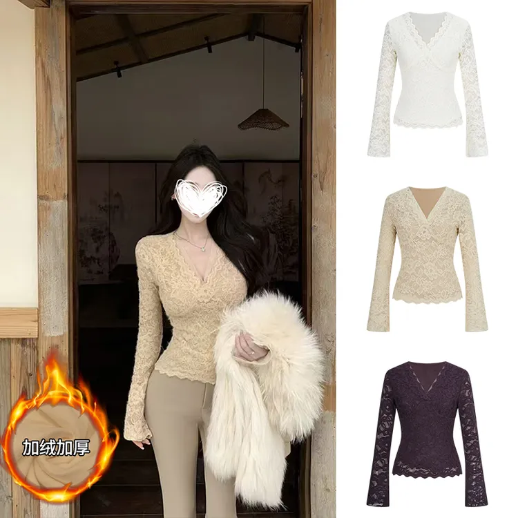 Moses Queen/魔西女王设计款V领蕾丝长袖T恤冬性感打底衫加绒上衣