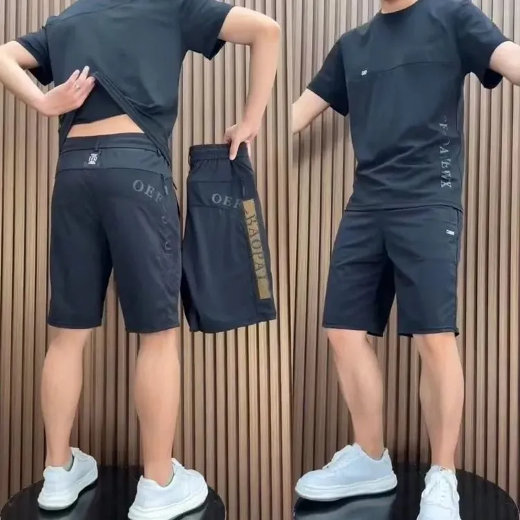 夏季薄款冰丝速干男士休闲套装弹力印花透气网眼清爽运动短裤-恤