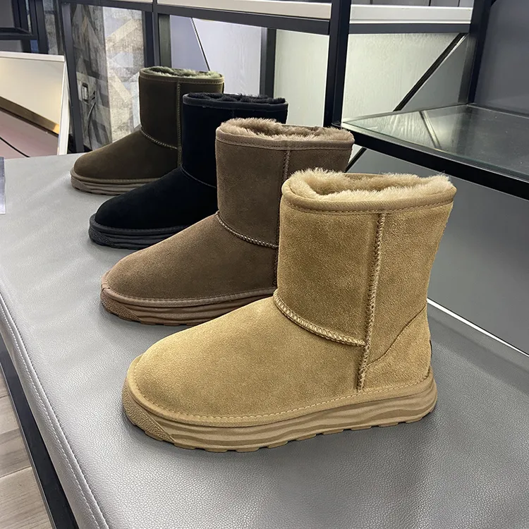 冬季2025真皮全羊毛中筒21cm韩式极简风套筒雪地靴男鞋保暖大棉鞋