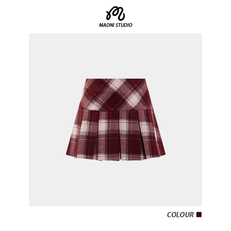 毛妮LADIESFIRST学院风复古格纹百褶半身裙高腰拼接毛呢短裙L2853