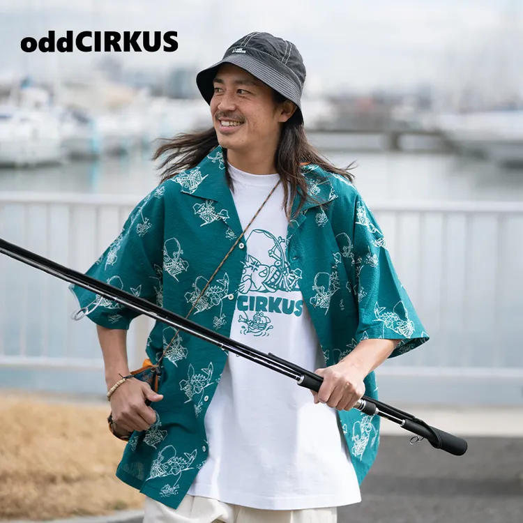 oddCIRKUS 蓝绿色满印印花短袖衬衫男女同款日系休闲衬衫上衣