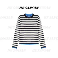 【SANSAN】套头轻奢百搭条纹拼接撞色圆领长袖上衣DY-4501