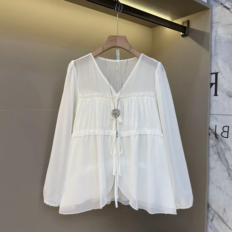 早秋韩系宽松简约气质百搭系带V领设计感衫减龄显瘦休闲上衣696