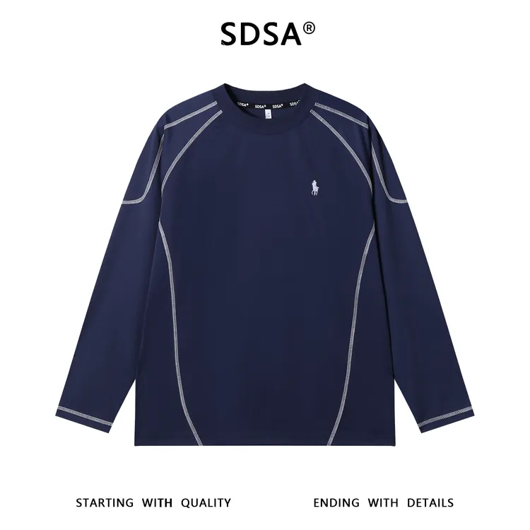 SDSA男士秋冬新款痞帅男装舒适撞色明线刺绣标圆领长袖T恤百搭潮