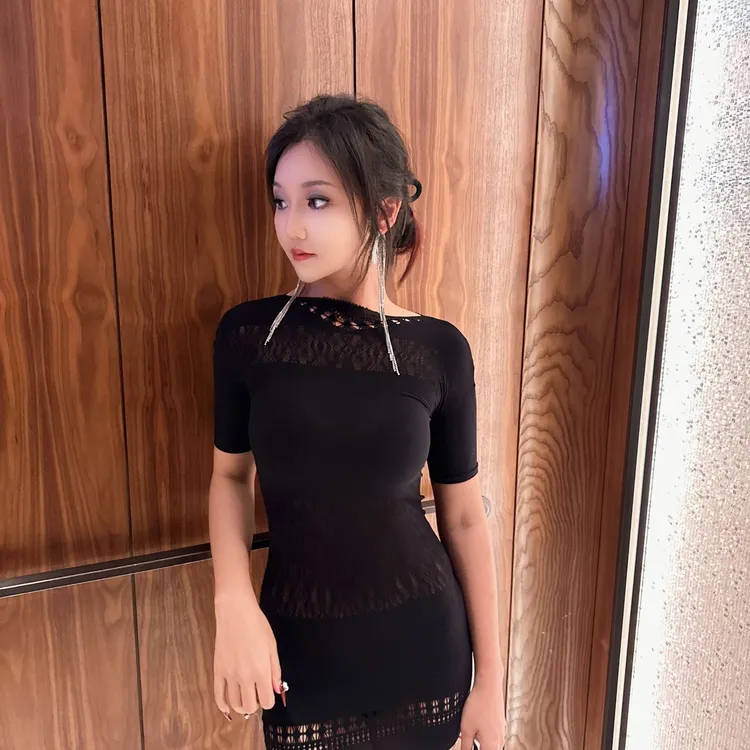 欧美辣妹风性感提花复古空圆领中袖紧身修身连衣裙黑色包臀裙裙子