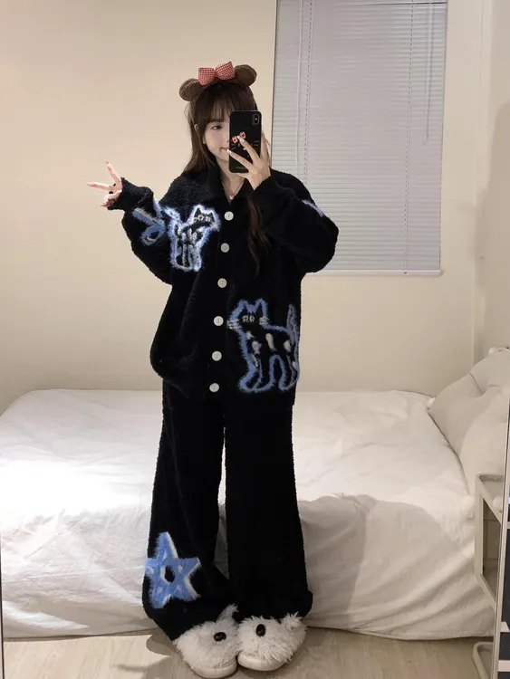 韩系甜美黑白针织半边绒情侣睡衣女秋冬新款加绒休闲家居服套装