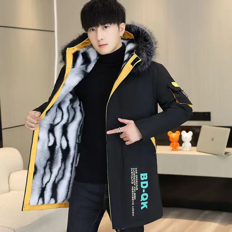 2025年新款青少年连帽中长款冬季免烫秋冬季韩版男装外套棉衣