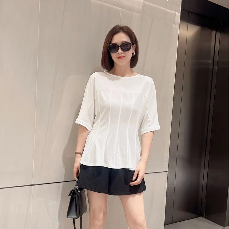 【希辰】简约气质圆领分褶拼接款收腰短袖T恤 0818卡码拍大
