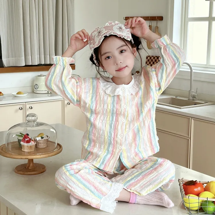 【7A抗菌时光棉】2025新款亲子装家居服女童花边甜美八分袖睡衣套装