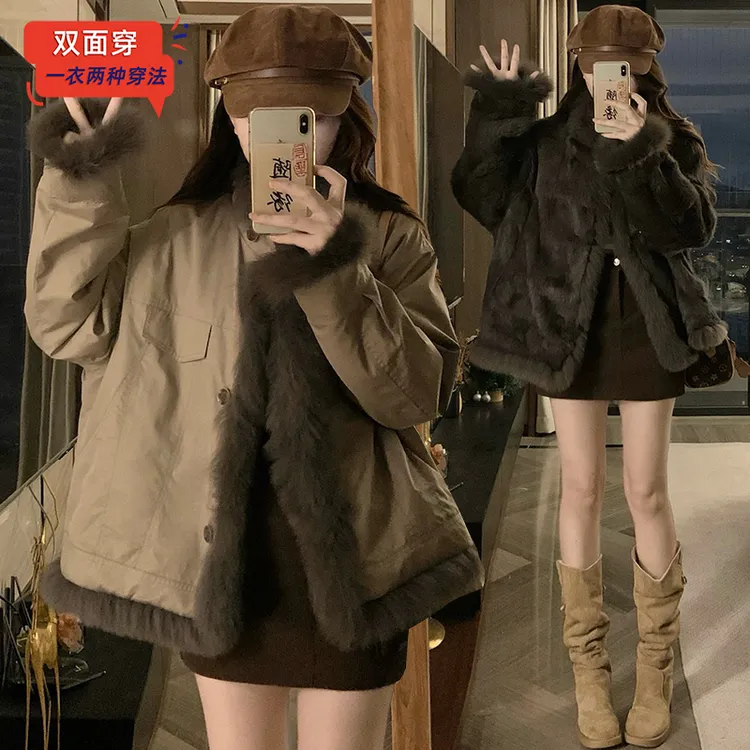 两面穿皮草外套女毛毛派克服2025新款防狐狸毛领工装大衣棉服