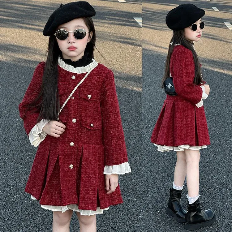 女童红色连衣裙秋冬2025新款儿童新年衣服女孩大童小香风公主裙子