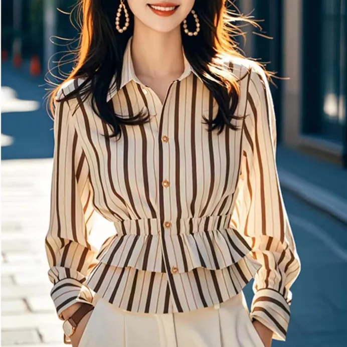 长袖条纹衬衫秋装女款2025新款收腰气质小衫洋气别致Polo领上衣潮