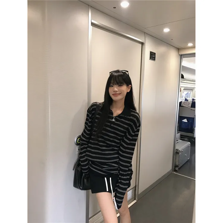 条纹撞色polo领长袖上衣女夏季2025新款韩系气质设计感百搭防晒衫