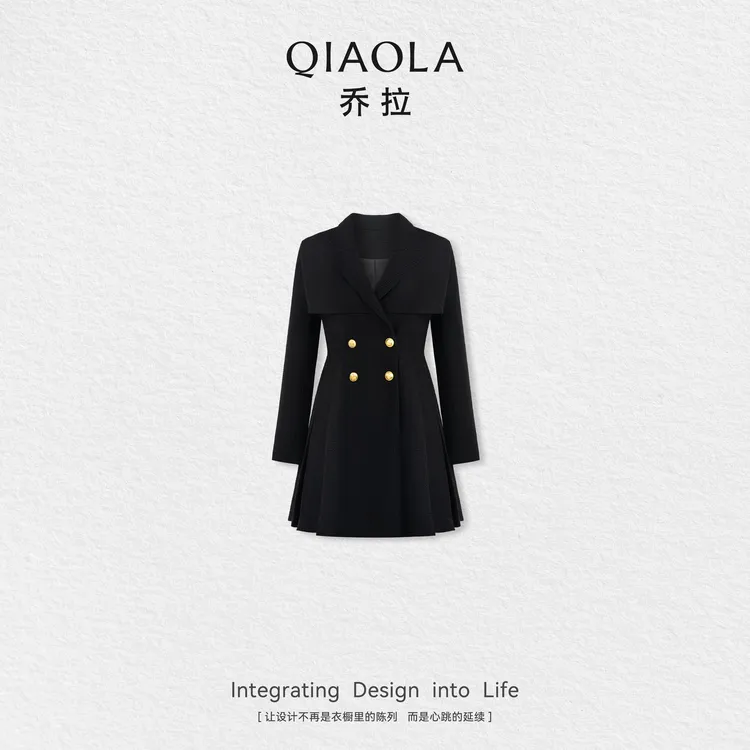 QIAOLA/乔拉【佩枪朱丽叶】秋冬款时尚黑色双排扣显瘦连衣裙