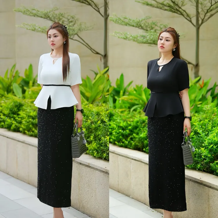 XYD71519/XYD71520凉感上衣上衣小众亮片半身裙大码女装两件套
