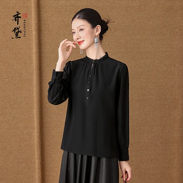 齐黛重磅真丝衬衫女2025秋季新款黑色长袖洋气减龄妈妈桑蚕丝上衣