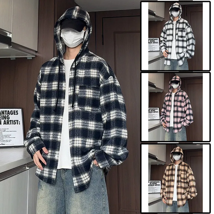 港味新款格子连帽衬衫外套男女春秋2025年新宽松慵懒风休闲上衣