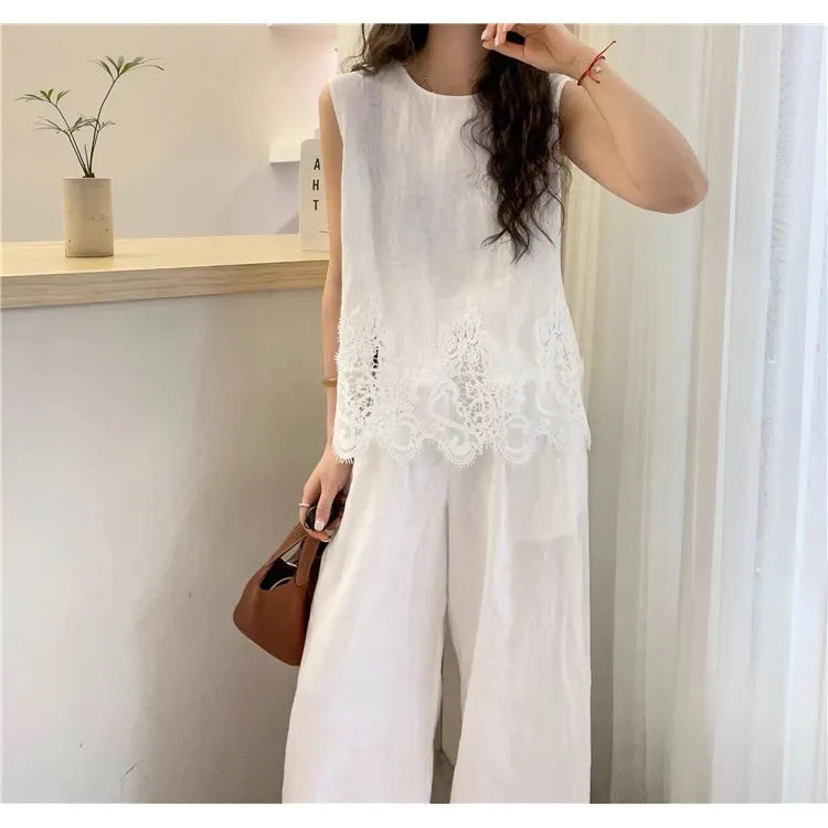 大码韩版气质宽松下摆蕾丝白色薄款镂空衬衫背心无袖娃娃衫外穿