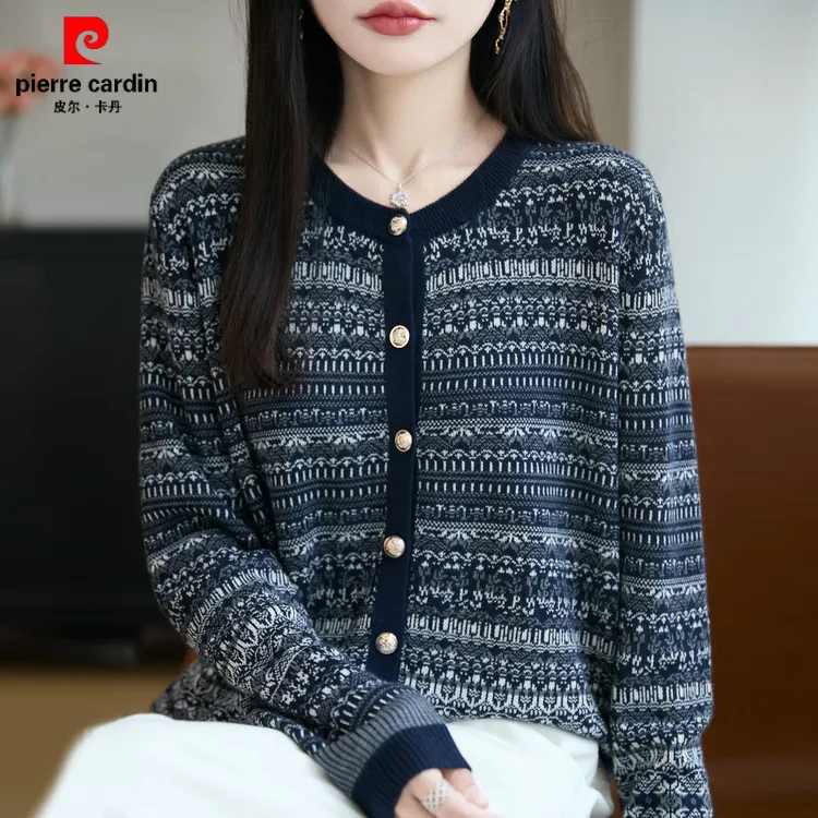 皮尔卡丹春秋复古拼色精纺羊毛衫针织开衫女圆领长袖毛衣宽松休闲