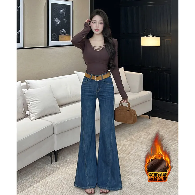 乔栈加绒设计感不贴腿微喇牛仔裤女秋冬高腰显瘦时尚小个子喇叭裤