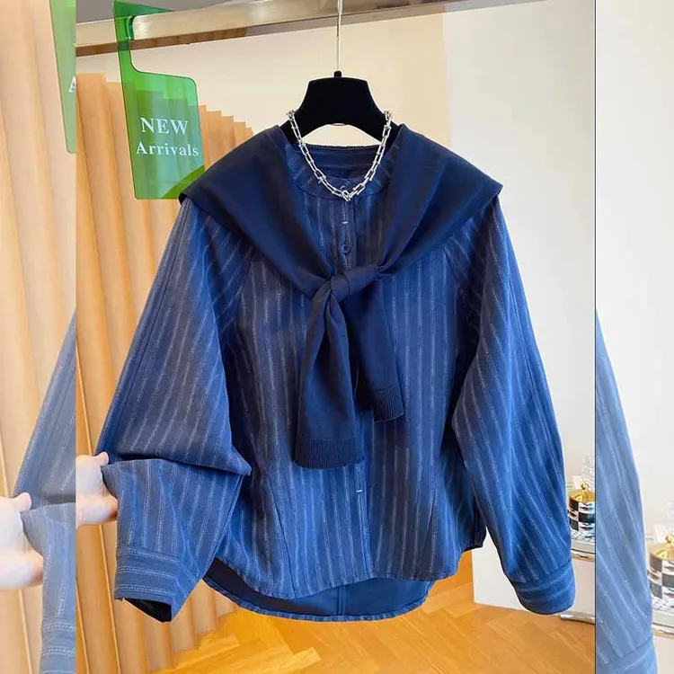 减龄学院风春秋季新品大码披肩条纹衬衫女宽松长袖显瘦百搭ins风