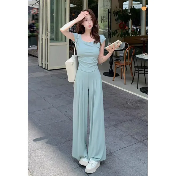 2025夏季休闲穿搭一整套女修身显瘦气质短袖T恤高腰宽松阔腿长裤