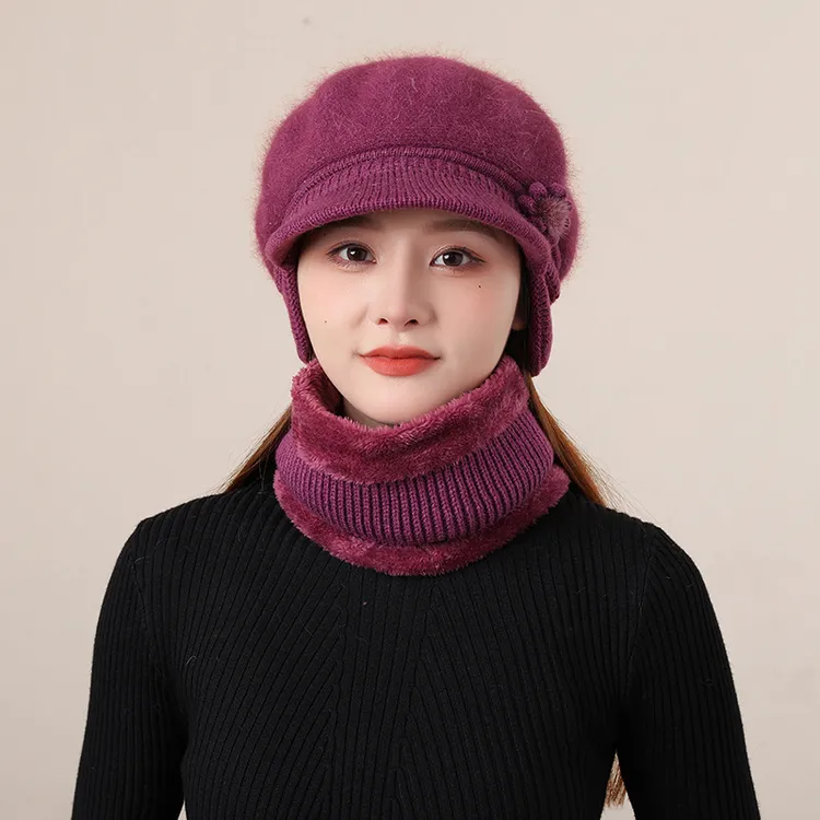 帽子女新款加厚秋冬百搭加绒护耳骑车保暖围脖针织毛线帽中老年