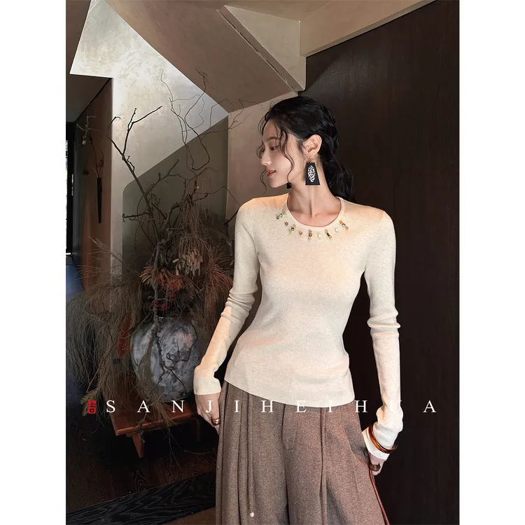 三吉黑花【木花影】新中式钉珠织金羊毛针织衫内搭女上衣打底衫潮
