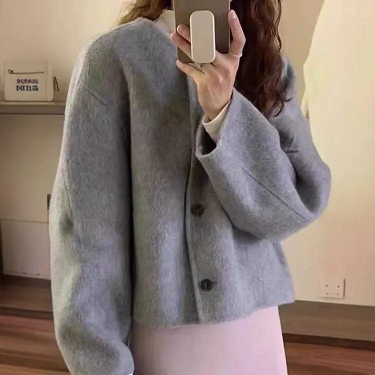 福利清~超细羊毛柔软厚实经典圆领短款手工缝制呢大衣秋冬加厚