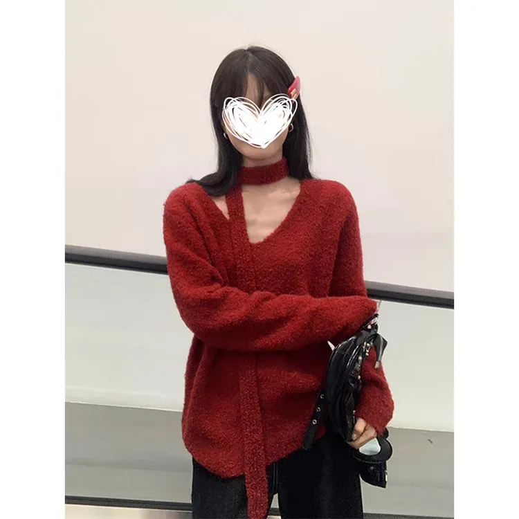Moses Queen/魔西女王红色宽松v领毛衣秋季针织衫慵懒风长袖上衣