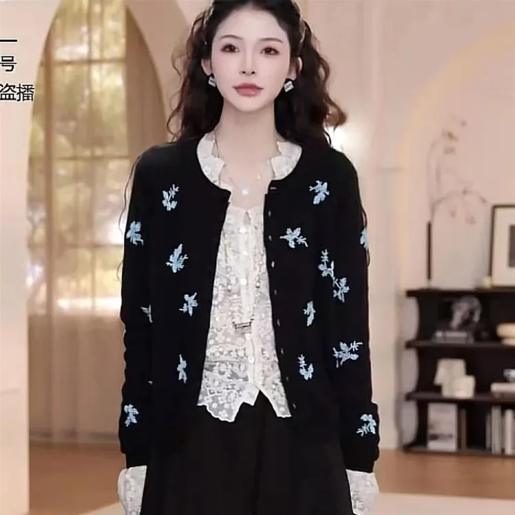 2025春秋新款设计师绣花雪花针织开衫长袖小众女装独特漂亮小衫