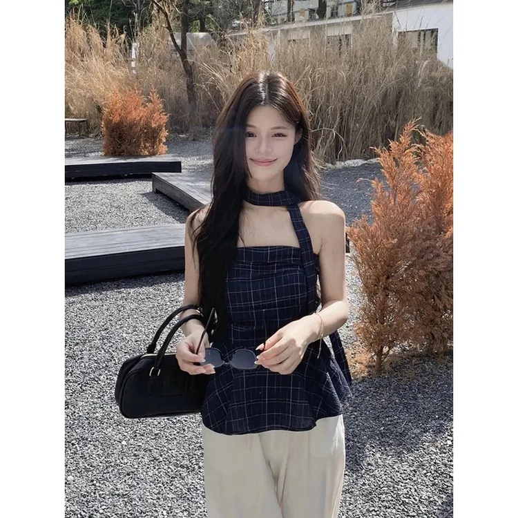 2025夏季设计感修身显瘦短款露肩蓬蓬上衣韩版辣妹格子抹胸背心女