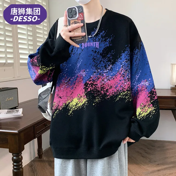 唐狮集团DESSO青少年扎染渐变长袖卫衣男款潮流宽松圆领刺绣上衣