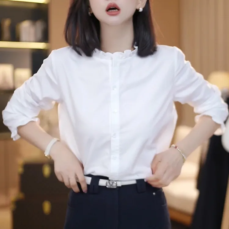 韩系高级感立领白色长袖衬衫女2025春秋新款衬衣气质宽松显瘦上衣