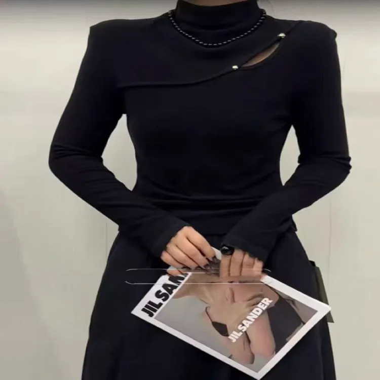 E念8101冬季新款半高领镂空长袖打底衫女纯色韩版修身显瘦T恤上衣